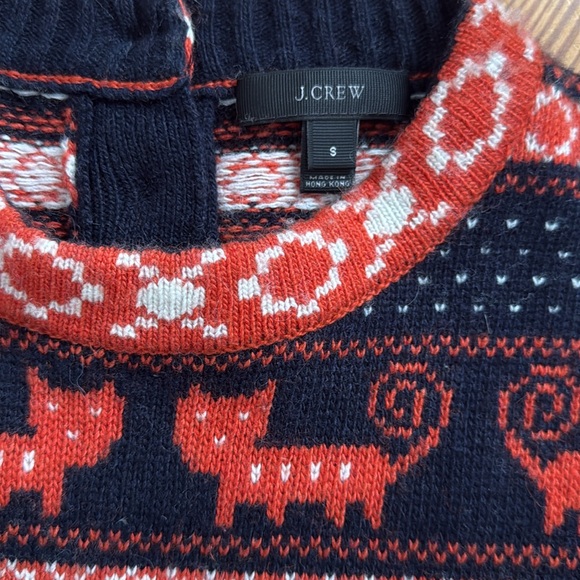 J. Crew navy blue and orange sweater with bird and cat winter pattern, small. - Picture 2 of 6